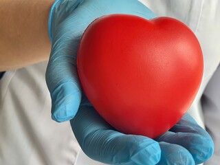 the hand of a man in a medical glove holds a red heart. World Blood Donor Day. Donation symbol....