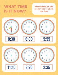 What time is it? Draw hands on the clock face. Time worksheet practice print page. - obrazy, fototapety, plakaty