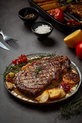 Grilled beef steak steak on the dark background.