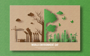 A half eco-friendly city with half air pollution caused by factories, paper illustration, and 3d paper.
