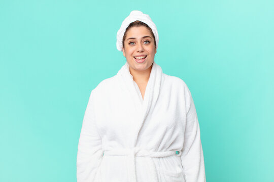 curvy pretty woman after a shower wearing bathrobe