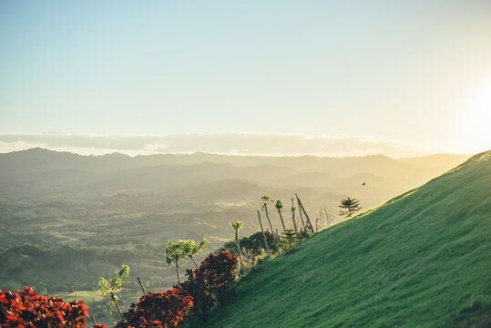 Sunset with clouds on the Montana Redonda mountain in the city of Miches in the Dominican Republic