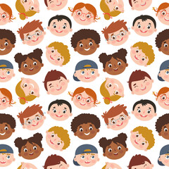 Seamless vector pattern with different multiracial smiling kids faces.