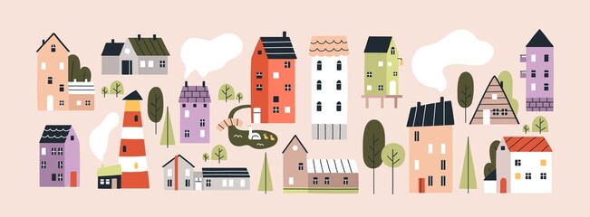Set of isolated cute tiny houses, small buildings and trees in Scandinavian style. Trendy urban and village homes with windows, roof tiles and chimneys with smoke. Colored flat vector illustration