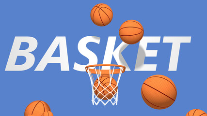 3d illustration of basketballs that go up to the basket and some score. Brightly colored graphic representation on a blue background with the word "basket" highlighted. Front view.