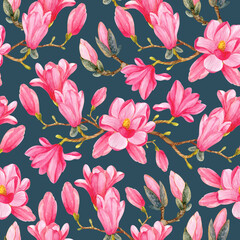 Seamless pattern with watercolor magnolia branches and pink flowers on a blue background. Spring floral watercolor pattern.