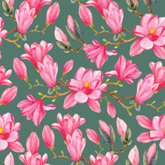 Seamless pattern with watercolor magnolia branches and pink flowers on a green background. Spring floral watercolor pattern.