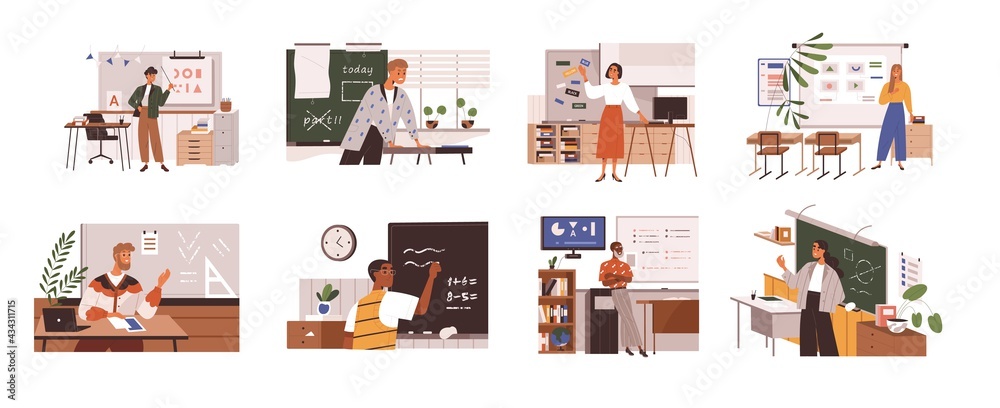 Poster set of school teachers standing at blackboards and whiteboards in classroom. lecturers teaching in c