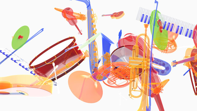 Illustration 3d animation of various transparent music instruments with bright colors. Moving in space on white background.