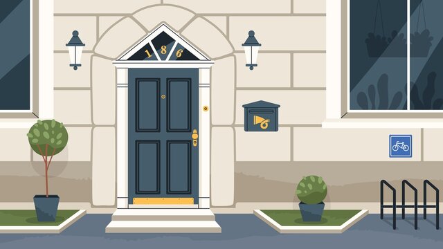 Modern house exterior with classic front door, mailbox, windows, lanterns, potted plants, and bicycle parking. Home facade with doorway and wall. Colored flat vector illustration of dwelling building