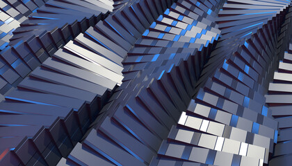 Dark blue background of metal rotating geometric shapes 3D illustration