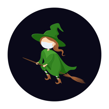 Witch in mask flying on broomstick. Avatar. Vector illustration.