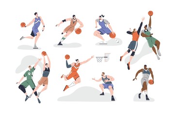 Set of male and female basketball players playing with ball, throwing it into net, dribbling and dunking. Young agile athletes. Colored flat graphic vector illustration isolated on white background