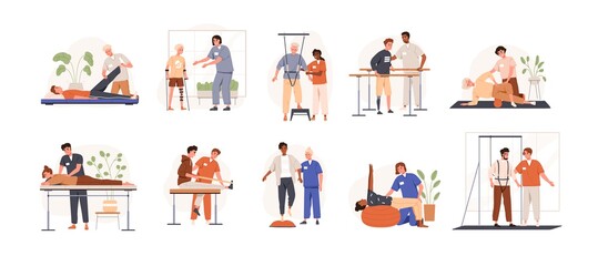 Therapists helping patients during physio therapy and rehabilitation set. Physiotherapy treatment for people with physical disabilities. Flat graphic vector illustration isolated on white background