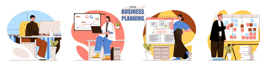 Your Business Planning concept scenes set. Employees in office doing work tasks, analyze statistics, develop strategy. Collection of people activities. Vector illustration of characters in flat design