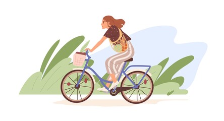 Young modern woman riding bicycle with basket. Happy cyclist on bike with grocery net bag in nature. Eco-friendly transport concept. Colored flat vector illustration isolated on white background