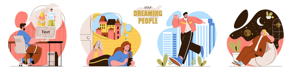 Your Dreaming People concept scenes set. Men and women think of rest, travel, free imaginations, escape from routine. Collection of human activities. Vector illustration of characters in flat design
