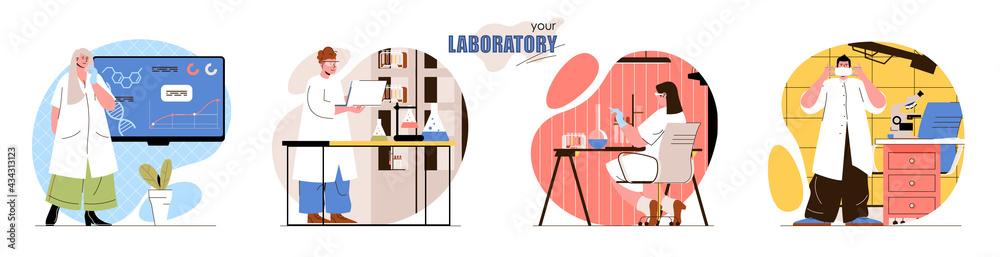 Aufkleber Your Laboratory concept scenes set. Scientists do scientific research or experiments, making lab tests at microscope. Collection of people activities. Vector illustration of characters in flat design
