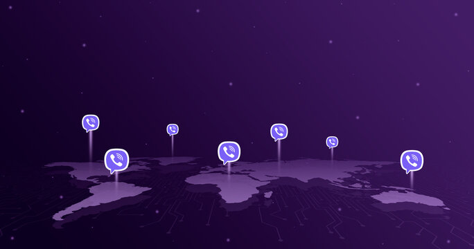 Viber logo icons over all continents of the world map 3d