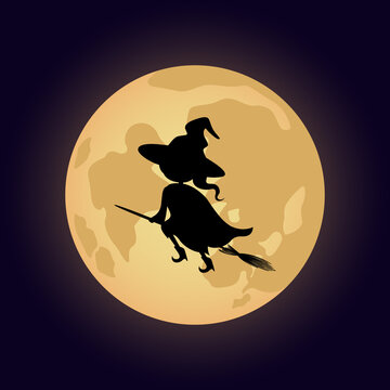 Witch flying on broom on full moon background. Vector illustration.