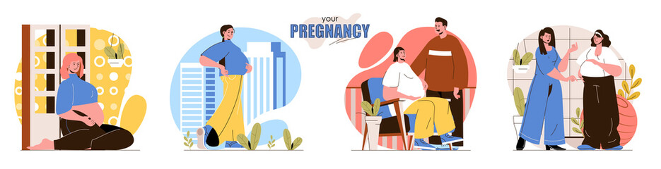 Your Pregnancy concept scenes set. Happy pregnant woman, couple expecting baby, maternity support, motherhood. Collection of people activities. Vector illustration of characters in flat design
