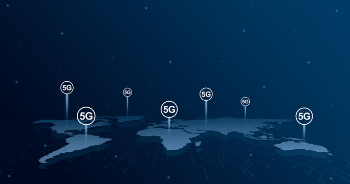 5g Logo Icons Over All Continents Of The World Map 3d