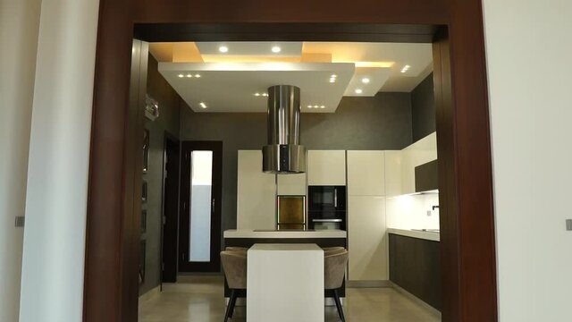 Modern Kitchen Clean Interior Design With Circular Extractor Fan. Dolly Back