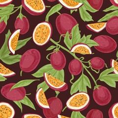 Seamless tropical pattern with juicy passion fruits and leaves. Hand-drawn retro background with fresh passionfruits. repeatable texture for printing. Vector illustration of sweet maracuja pieces