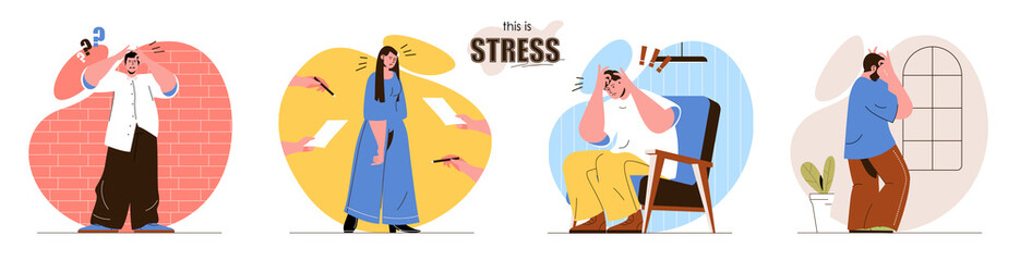 This is Stress concept scenes set. Exhausted men and women going through crisis time. Negative emotions expression. Collection of people activities. Vector illustration of characters in flat design