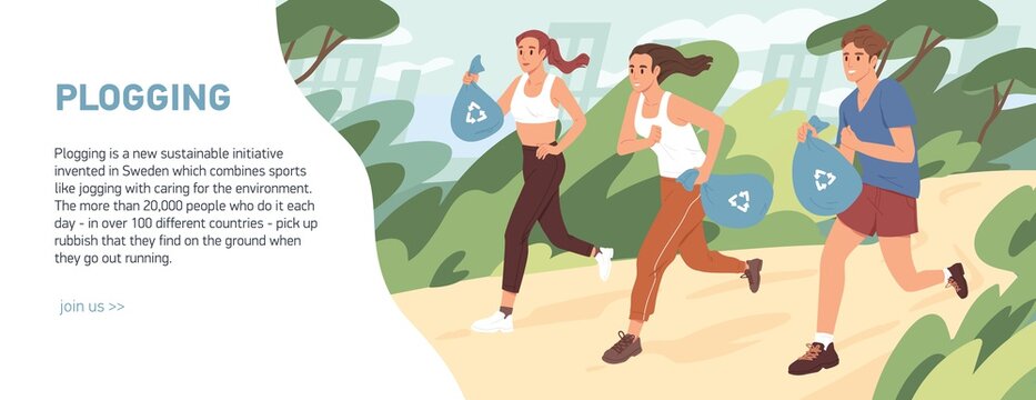 Web banner about plogging with people jogging and picking garbage into trash bags. Men and women running and cleaning environment from litter. Green activity concept. Colored flat vector illustration