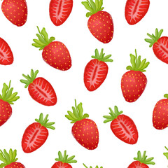 Juicy seamless pattern with strawberries, hand-drawn illustration