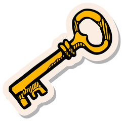 Hand drawn sticker style vintage golden key vector illustration