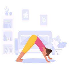 Yoga. The character is engaged in physical exercises at home for health prevention. Cartoon style. Vector.