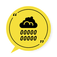 Black Cloud with rain icon isolated on white background. Rain cloud precipitation with rain drops. Yellow speech bubble symbol. Vector
