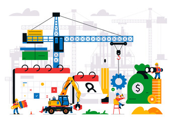 The website is under construction. Error page, maintenance. Construction site, machinery, crane, workers, website, coins, money bag calendar tools Isolated vector illustration