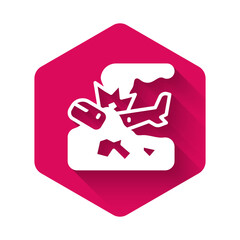 White Plane crash icon isolated with long shadow background. Pink hexagon button. Vector