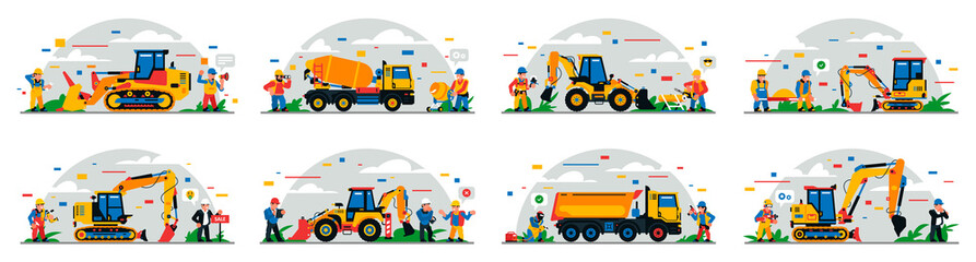 Fototapeta na wymiar A set of construction equipment and workers on the site. Colorful background of geometric shapes and clouds. Construction site, builders, special equipment, service personnel. Vector illustration.