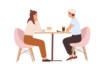 Young love couple sitting at table with coffee in cafe. Date of happy enamored man and woman. Romantic dating of people in cafeteria. Colored flat vector illustration isolated on white background