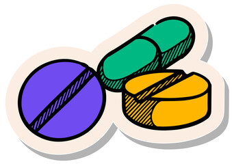 Hand drawn sticker style Pills icon vitamin medicine drugs vector illustration