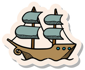 Hand drawn sticker style Pirate ship icon vector illustration