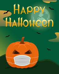Halloween card. Pumpkin in protective mask. Vector illustration.