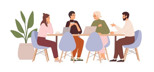 Team of people sitting at desk with laptops, working together, discussing start-up. Meeting of colleagues. Coworking, teamwork concept. Colored flat vector illustration isolated on white background