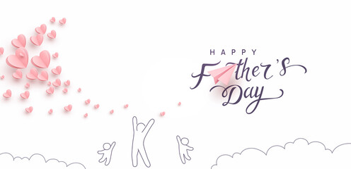 Father's day postcard with paper flying hearts, pink airplane, playing dad and children on white sky background. Vector doodle happy family pattern for greeting card design