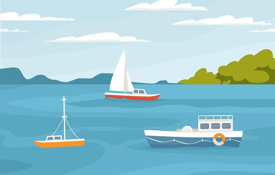 Peaceful marine landscape with sailboats, ships floating in sea. Passenger sail boats, yachts in ocean. Colored flat vector illustration of serene nature with sky horizon with clouds
