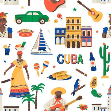 Seamless Cuban pattern with ethnic Latin food, car, boat, people, Havana cigar, rum, guitar and maracas on white background. Cuba repeatable texture for printing. Colored flat vector illustration