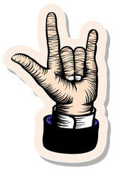 Hand drawn sticker style I love you finger gesture in woodcut drawing vector illustration