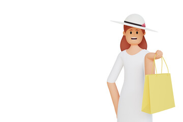 3d rendering female character with shopping bag with copyspace for your text