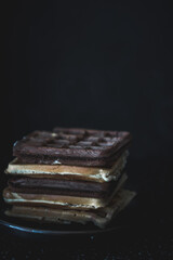 Tasty belgian waffles. Belgian or french waffles for breakfast. Vanilla or chocolate. 