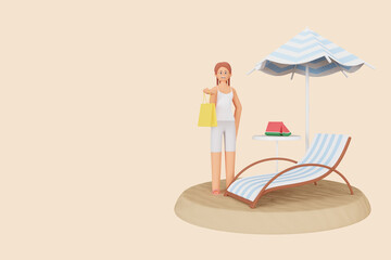 3D rendering summer background template with 3D female character. 