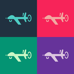 Pop art UAV Drone icon isolated on color background. Military Unmanned aircraft spy. Vector